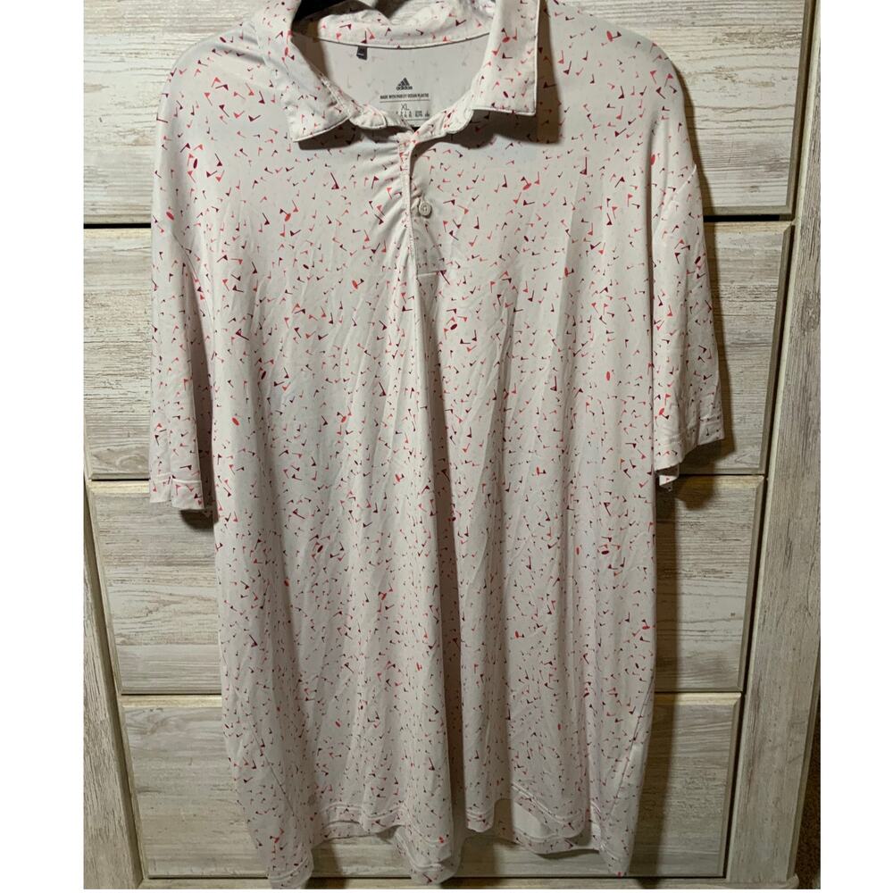 Adidas Golf Polo Shirt Mens XL White Pink Flags Short Sleeve Preppy Athletic
